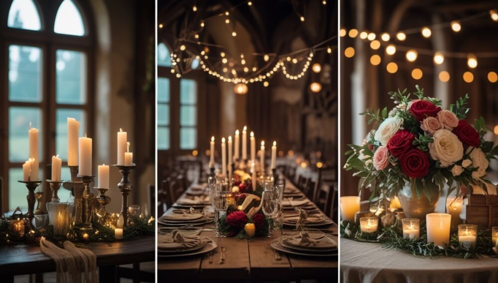 Esempi di decorazioni per eventi fantasy a tema: un banchetto medievale illuminato da candele, un bosco incantato con luci soffuse, un angolo piratesco con mappe del tesoro.
