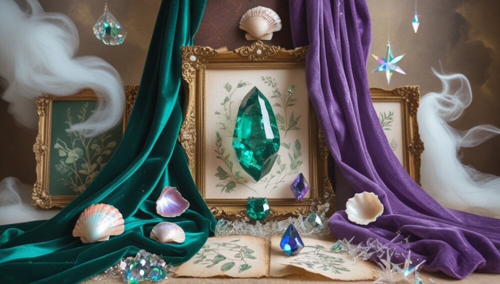 Un'immagine moodboard che rappresenta tessuti e oggetti a tema fantasy, evocando un'atmosfera magica e avventurosa