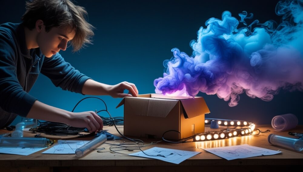 Un ragazzo crea effetti speciali utilizzando materiali semplici come luci e tessuti